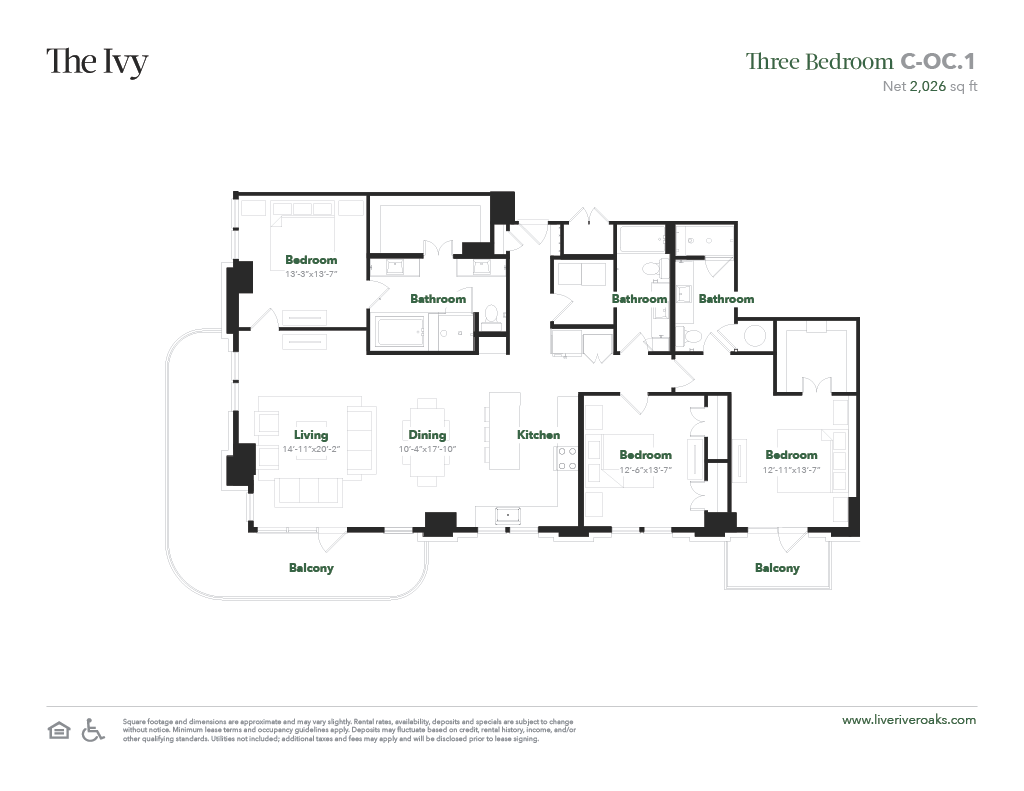 Floor plan for 3 beds, 3 baths, 2026 sqft